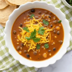 Delicious bowl of 5-ingredient taco soup with toppings like shredded cheese, sour cream, and cilantro, served with tortilla chips.
