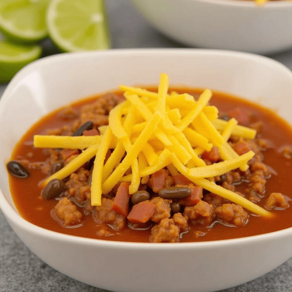 A vibrant bowl of taco soup filled with ground beef, black beans, corn, and diced tomatoes, topped with shredded cheese, sour cream, sliced avocado, and a sprinkle of fresh cilantro, served with tortilla chips on the side.