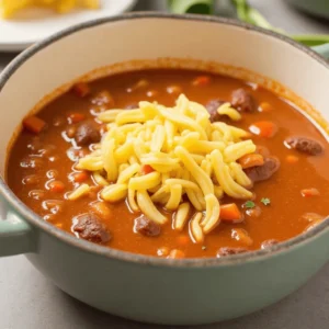 A step-by-step guide to preparing taco soup, featuring a pot of seasoned ground beef, diced tomatoes, beans, and corn on a stovetop with spices and fresh vegetables around it.