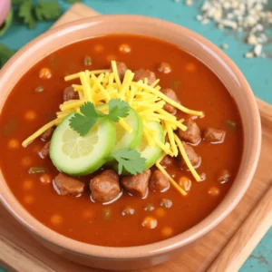 A hearty bowl of taco soup topped with shredded cheese, sour cream, avocado slices, and crushed tortilla chips, served with a lime wedge. 