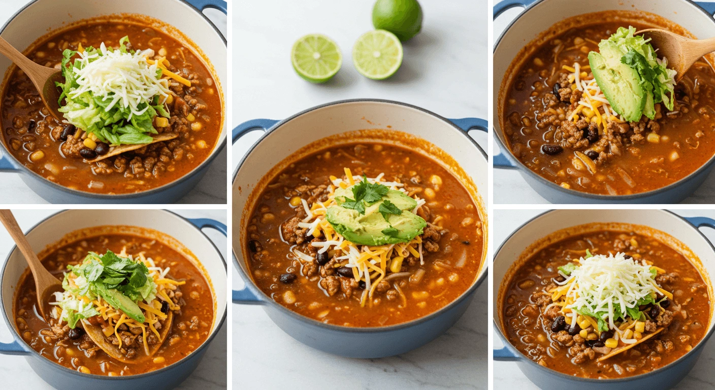 A vibrant bowl of Healthy 5-Ingredient Taco Soup garnished with fresh avocado slices, tortilla strips, shredded cheese, and a sprig of cilantro, served on a wooden table with lime wedges and a spoon on the side.