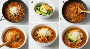 Healthy 5-Ingredient Taco Soup served in a bowl with toppings like avocado, cilantro, and tortilla chips.