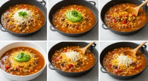 A steaming bowl of healthy 5-ingredient taco soup, topped with avocado slices, shredded cheese, tortilla chips, and a sprig of cilantro, served in a rustic bowl on a wooden table.