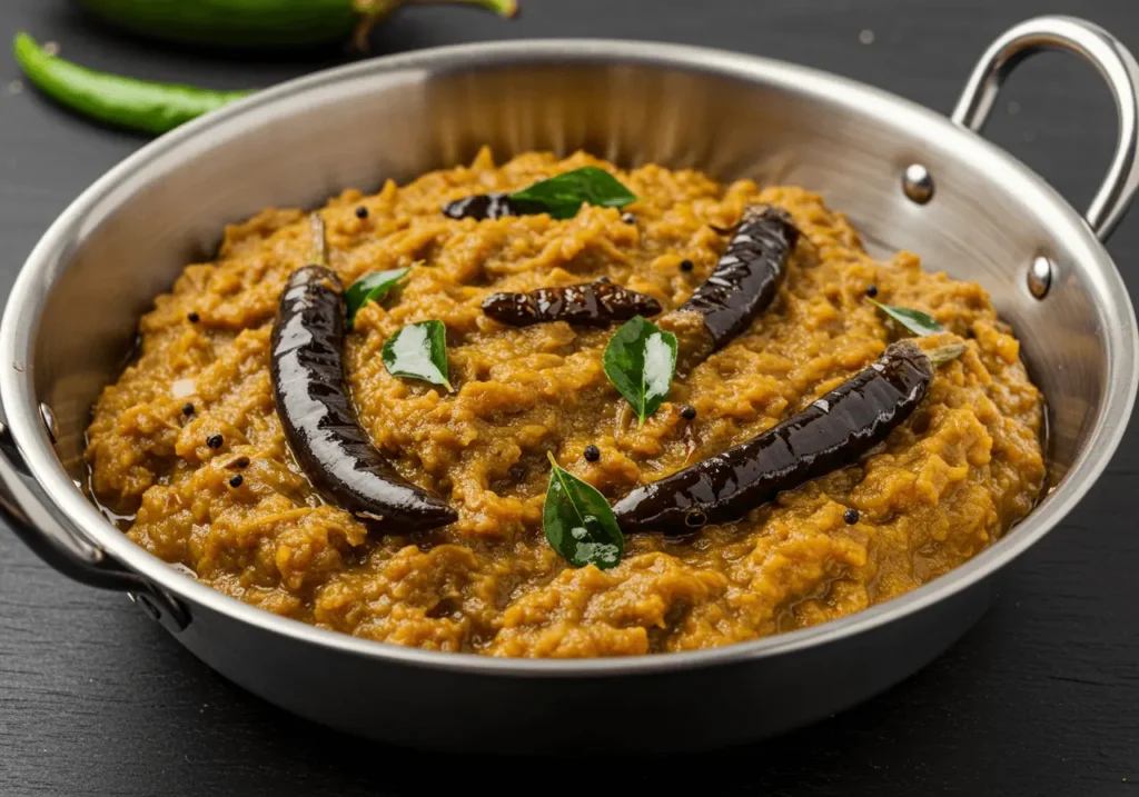 Konkani-Style Brinjal Bharata being prepared with spices and vegetables.