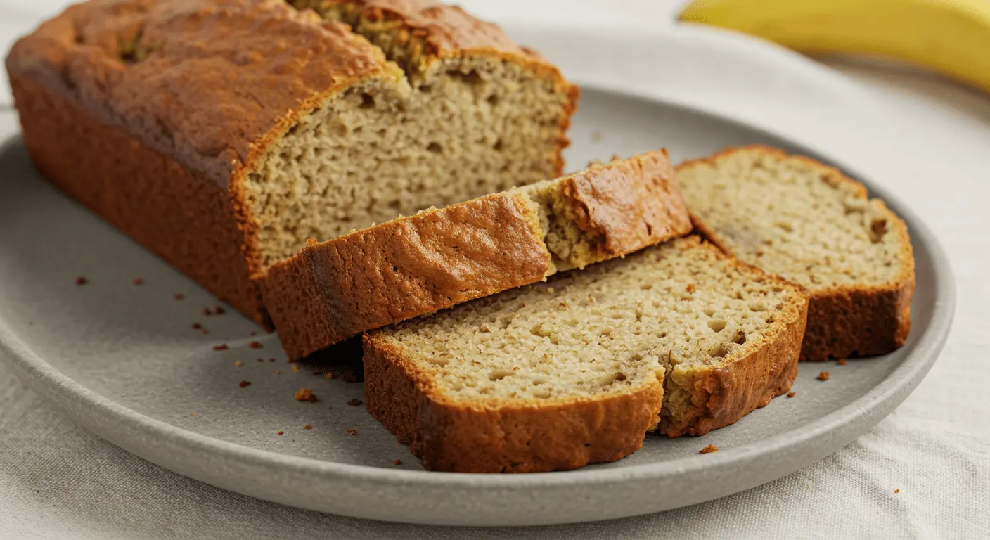 Moist 3-ingredient banana bread loaf freshly baked and sliced.