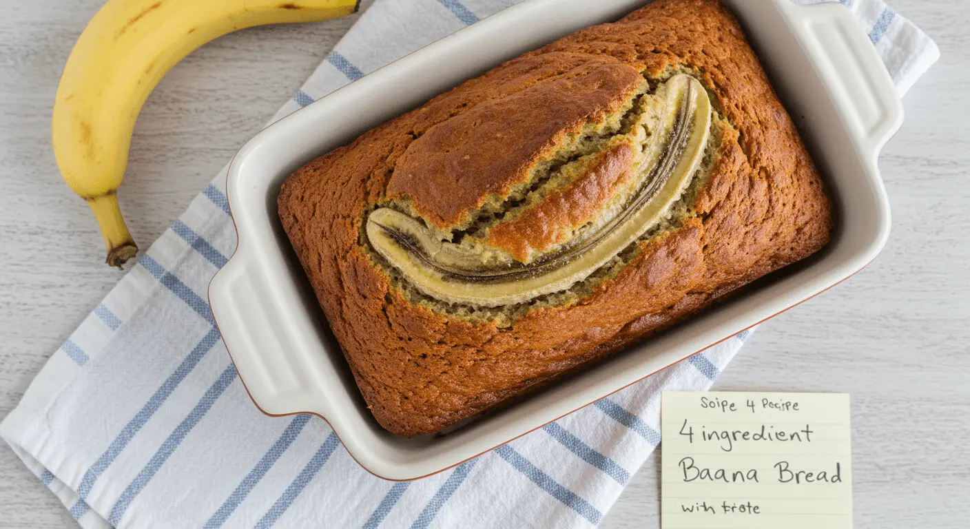 Freshly baked 4-ingredient banana bread on a wooden cutting board with sliced pieces and ripe bananas in the background