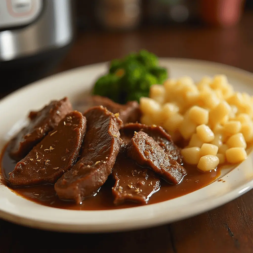 Instant Pot Mississippi Pot Roast with tender beef, pepperoncini, and savory gravy served over mashed potatoes.