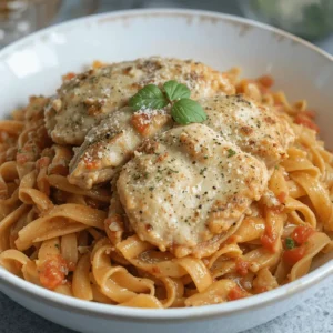 A comforting bowl of Italian chicken pasta with creamy sauce, garnished with fresh parsley and Parmesan, served on a rustic wooden table