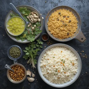 Konkani-style Brinjal Bharata being prepared on a traditional Indian kitchen counter with roasted eggplant, spices, and ingredients in a clay pot.