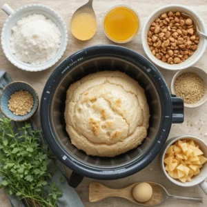 Step-by-step guide showing ingredients and bread machine settings for making English muffin bread at home.