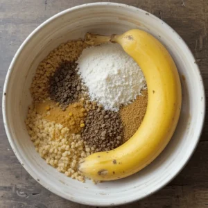 A golden loaf of 3-ingredient banana bread sliced to reveal its moist and fluffy texture.