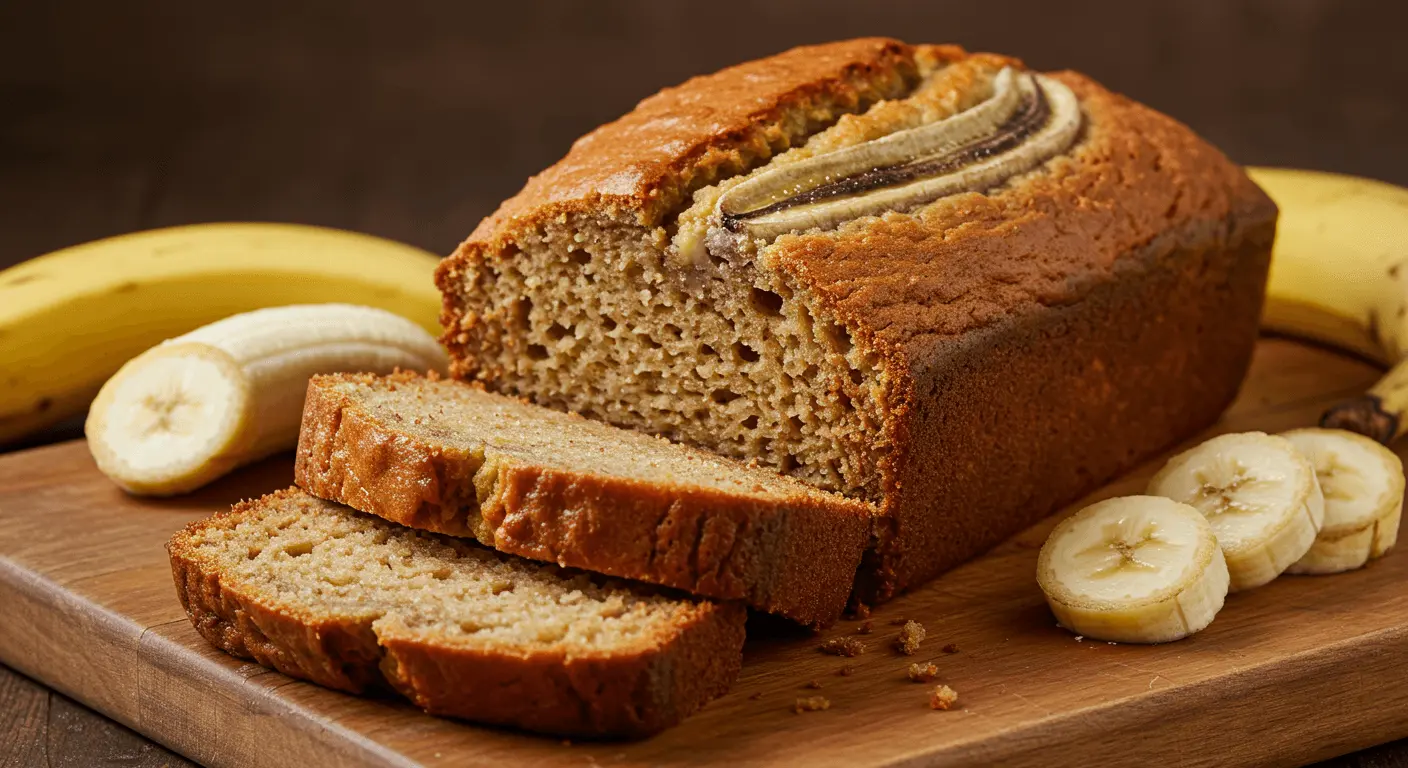 A close-up of golden-brown banana bread sliced on a wooden cutting board.