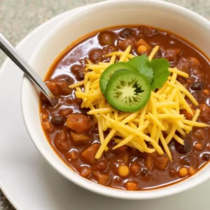 A bowl of delicious 5 ingredient taco soup garnished with shredded cheese, sour cream, and fresh cilantro