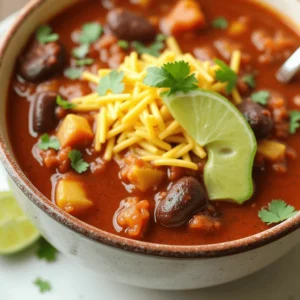 A hearty bowl of taco soup with ground beef, beans, corn, and tomatoes topped with cheese, sour cream, and cilantro, served with tortilla chips. 