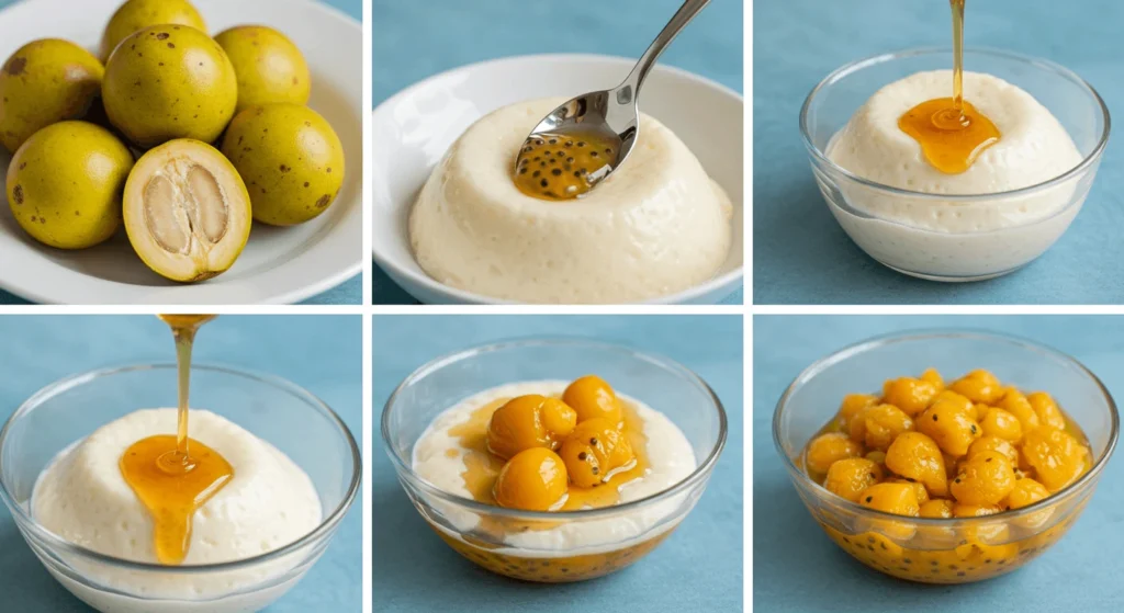 A creamy nata fruit pudding topped with fresh fruits served in a glass dish