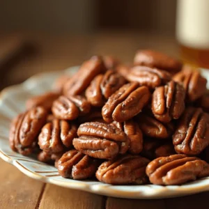 Close-up of crispy spicy bourbon pecans on a baking sheet, showing the caramelized glaze and spiced coating.