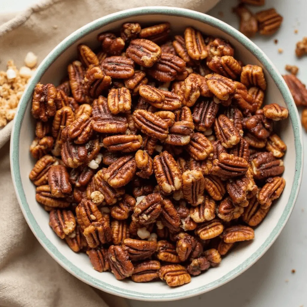 Close-up of spicy bourbon pecans coated in a sweet and spicy glaze, served in a decorative bowl