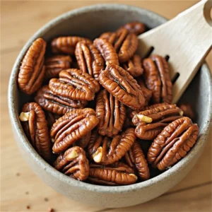 Bourbon-infused pecans with cayenne pepper in a bowl, garnished with herbs and surrounded by ingredients like bourbon and cayenne pepper.