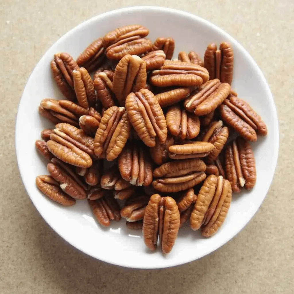 Bourbon-infused pecans with cayenne pepper in a rustic bowl, garnished with fresh herbs