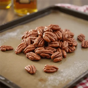 Bowl of bourbon-infused pecans coated in cayenne pepper and brown sugar, placed on a rustic wooden surface.