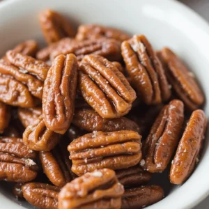 Bourbon-infused pecans with cayenne pepper in a decorative bowl, garnished with spices and a splash of bourbon.