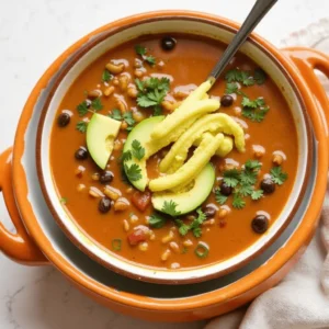 A steaming bowl of Taco Soup Frios topped with shredded cheese, sour cream, diced avocado, and tortilla chips, served with a lime wedge on the side.