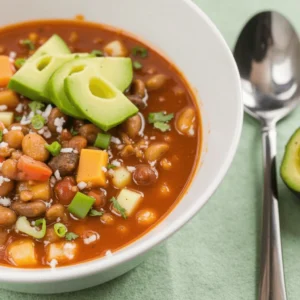 A vibrant bowl of Taco Soup Frios, topped with shredded cheese, sour cream, fresh cilantro, and crunchy tortilla chips, served on a rustic wooden table with a side of lime wedges.