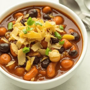 A steaming bowl of Taco Soup Frios topped with shredded cheese, sour cream, avocado slices, and cilantro, served alongside tortilla chips on a rustic wooden table.