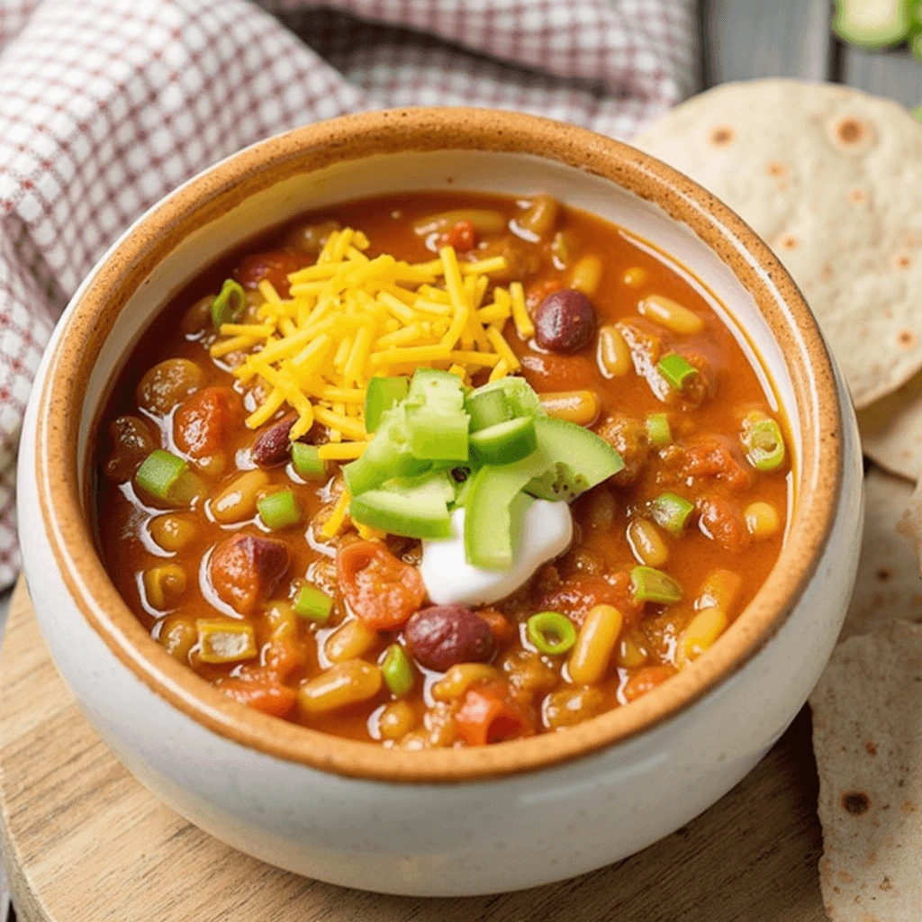 A steaming bowl of Taco Soup Frios, topped with shredded cheese, fresh cilantro, diced avocado, and crunchy tortilla strips, served with a lime wedge on the side.