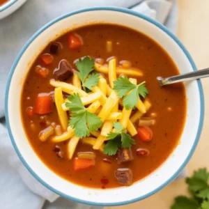 Five-ingredient taco soup served in a bowl with toppings like shredded cheese, sour cream, and cilantro.