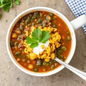 Delicious 5-ingredient taco soup served in a bowl with shredded cheese, sour cream, and crushed tortilla chips as toppings.