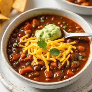 5-ingredient taco soup in a bowl topped with shredded cheese, sour cream, and tortilla chips.