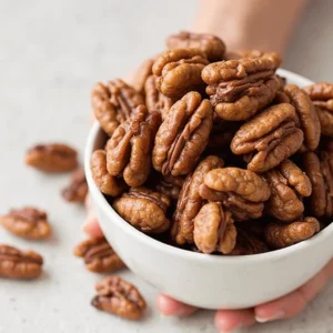 Close-up of bourbon-glazed mixed nuts on a baking tray, showcasing caramelized almonds, pecans, and cashews with a glossy finish