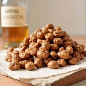 Bourbon-glazed pecans on a baking sheet, caramelized and ready to serve.