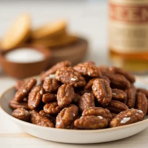 Close-up image of bourbon glazed nuts with a shiny caramel coating, including pecans, almonds, and cashews, arranged on a rustic wooden table.