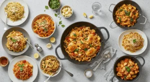 Plate of creamy garlic chicken pasta garnished with fresh parsley and grated Parmesan cheese.