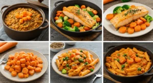 Healthy dinner with frozen diced carrots, cooked with other vegetables in a skillet