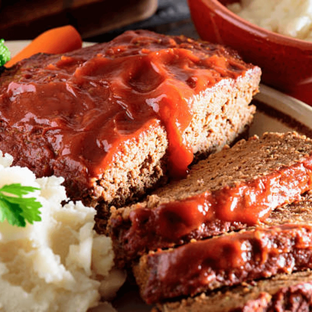 A freshly baked one-pan meatloaf with a rich, caramelized glaze, sliced and served with mashed potatoes and green beans on a rustic wooden table.