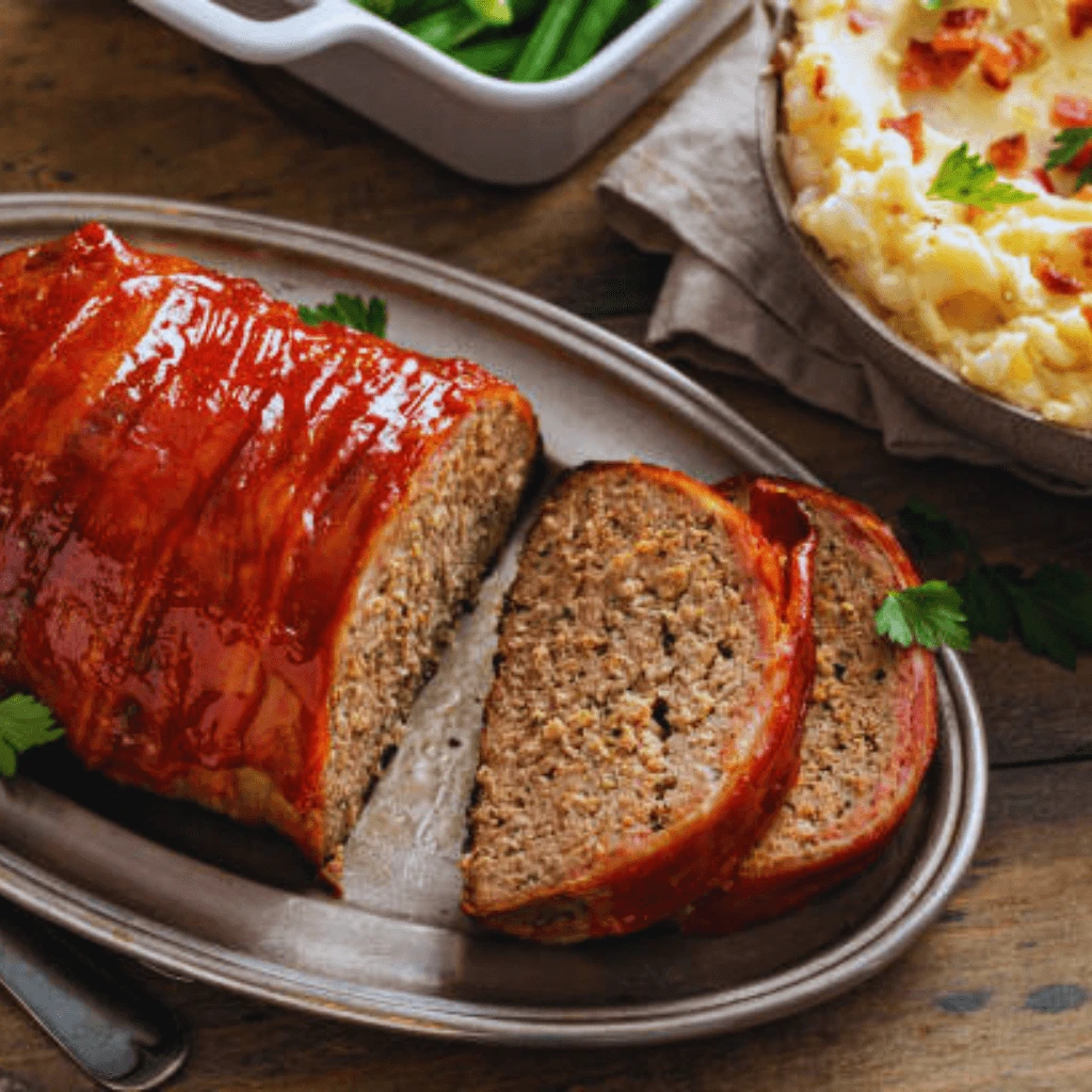 Freshly baked homemade meatloaf with a rich, tangy glaze, sliced and served with mashed potatoes and steamed vegetables.