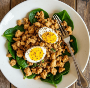 Healthy ground chicken and spinach dishes on a plate, showcasing 10 delicious recipes.