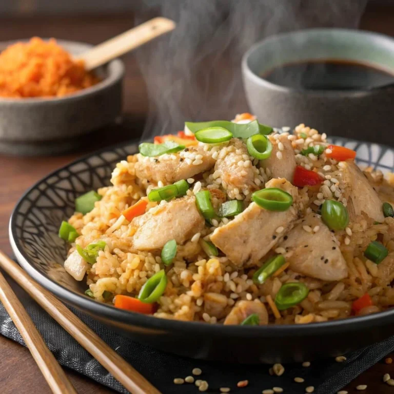 A bowl of freshly made Benihana chicken fried rice topped with green onions and sesame seeds, served with yum yum sauce on the side.