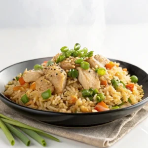 A wok filled with steaming jasmine rice, diced chicken, eggs, and vegetables being stir-fried over high heat.