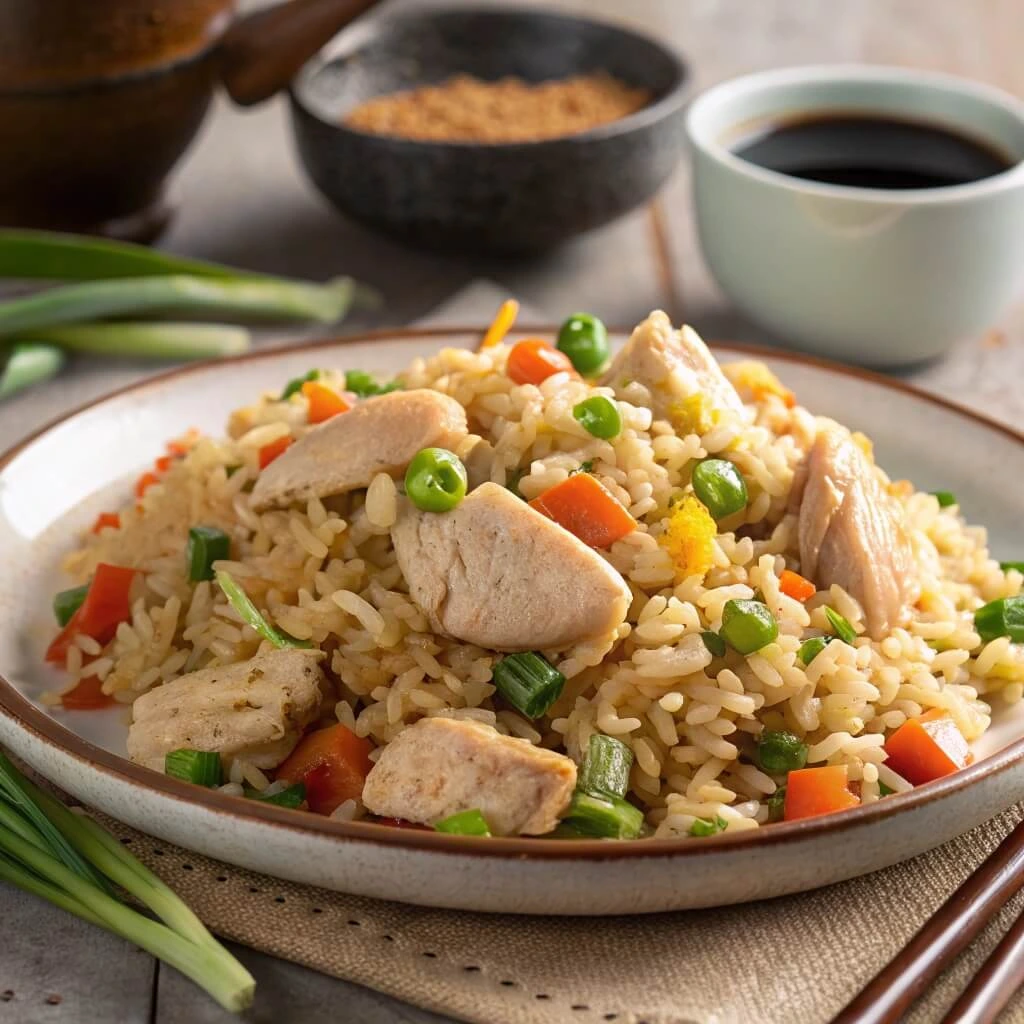 A plate of homemade Benihana-style chicken fried rice with diced chicken, scrambled eggs, peas, carrots, and green onions, served on a white plate with chopsticks.