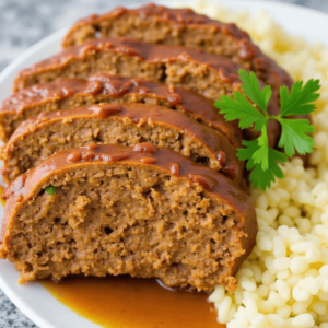 A juicy slice of Cajun meatloaf topped with rich Cajun gravy, served with mashed potatoes and garnished with fresh herbs.