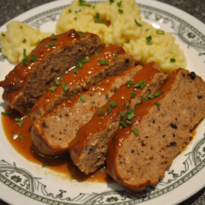 A perfectly sliced Cajun meatloaf covered in rich, spicy Cajun gravy, served alongside mashed potatoes and garnished with fresh herbs.