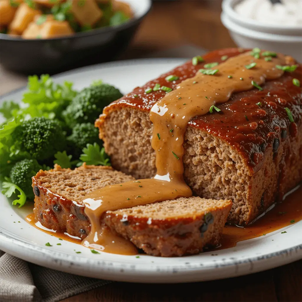 Homemade Cajun meatloaf with Cajun gravy served on a plate with mashed potatoes and fresh herbs.