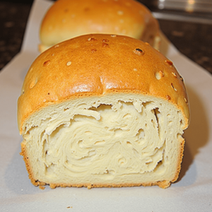 A freshly baked loaf of Cheesecake Factory brown bread, sliced and served on a wooden board with butter and honey.
