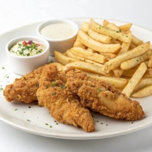 Golden crispy chicken tenders and fries on a plate with dipping sauces, perfect for a quick weeknight meal.