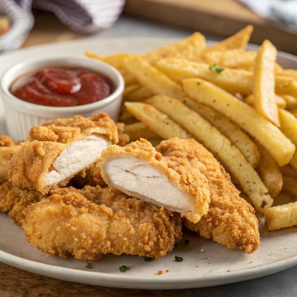 Crispy homemade chicken tenders and golden fries served on a plate with dipping sauces.