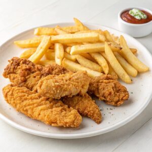 Crispy chicken tenders and golden fries served with dipping sauces, perfect for a quick weeknight dinner.